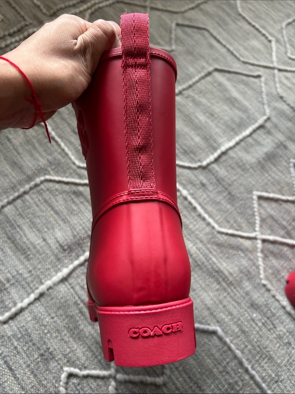 Coach Ryder Mid-Calf Ruby Red Rain Boots with Embossed C - Picture 5 of 13